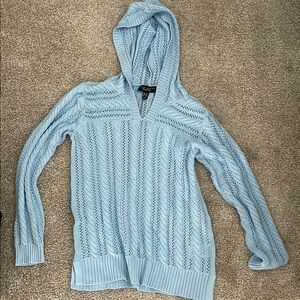 Susan Graver Blue hooded V-Neck Sweater Cable Knit